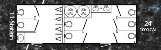 View Floor Plan of Mobile Restroom Trailer with Mens and Women's Stalls.