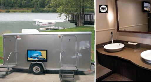 Platinum Comford Elite Restroom Trailer with a TV, DVD, CD, AM/FM Radio and Running Water.